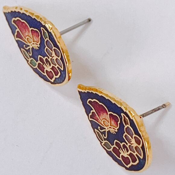 VTG Cloisonne Butterfly Floral Stud Earrings Red Blue Enamel Gold Tone Colorful - Picture 6 of 9